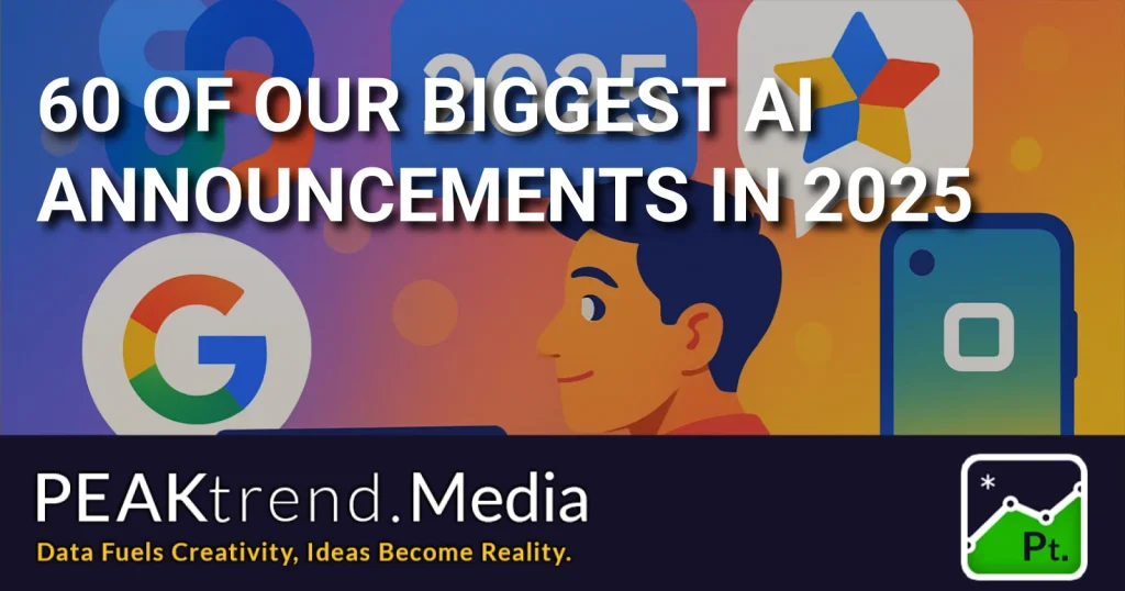 Illustration with Google logo, 2025 date, and AI-related icons with text about 60 AI announcements in 2025
