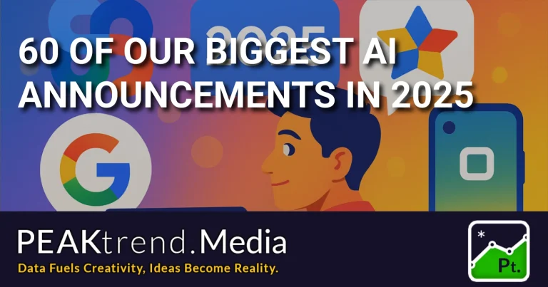 Illustration with Google logo, 2025 date, and AI-related icons with text about 60 AI announcements in 2025