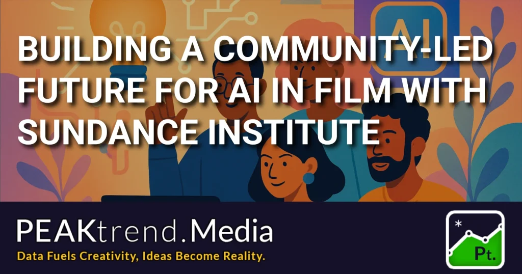 Illustration of diverse creatives collaborating on AI in film at Sundance Institute