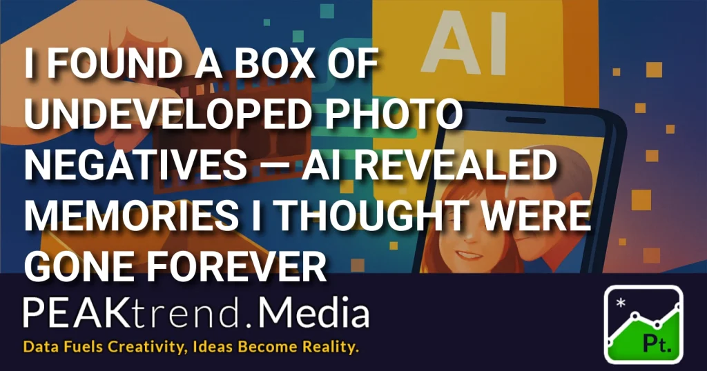 Illustration of hand holding photo negatives and a phone displaying restored photo with AI