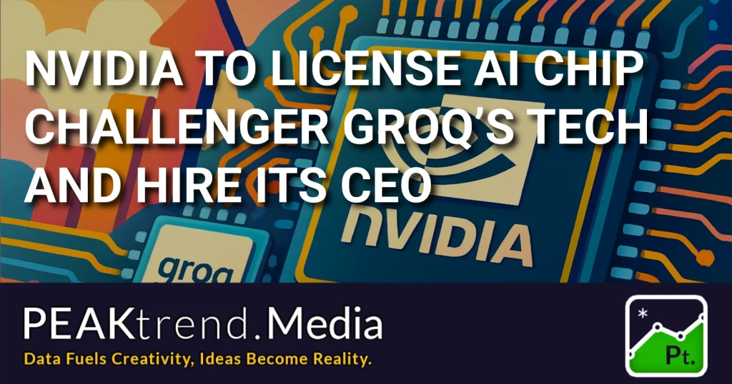 Nvidia and Groq logos on a stylized AI chip circuit board background