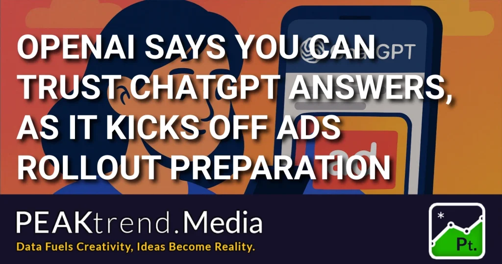 Illustration of a person holding a phone showing ChatGPT with ads and OpenAI reassurance text
