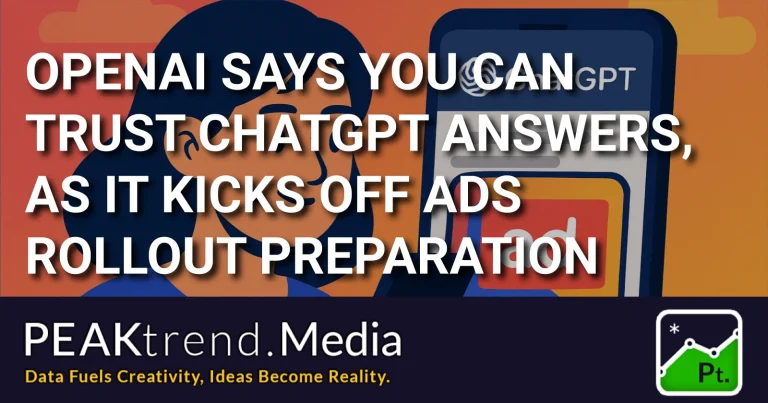 Illustration of a person holding a phone showing ChatGPT with ads and OpenAI reassurance text