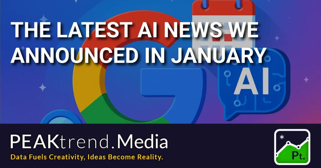 Graphic featuring Google logo, AI icon, and January calendar symbolizing AI news