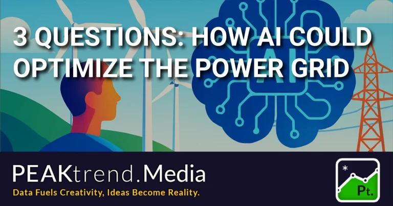 Illustration of a person observing wind turbines and an AI brain icon with power lines
