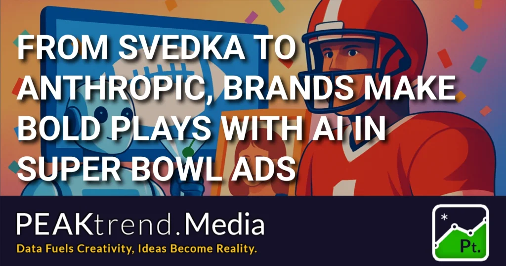Illustration of a football player and a friendly robot with text about AI in Super Bowl ads