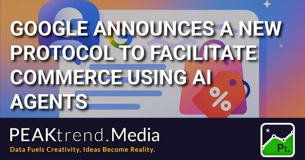 Graphic with Google logo, shopping bags, discount tag, and text about AI commerce protocol