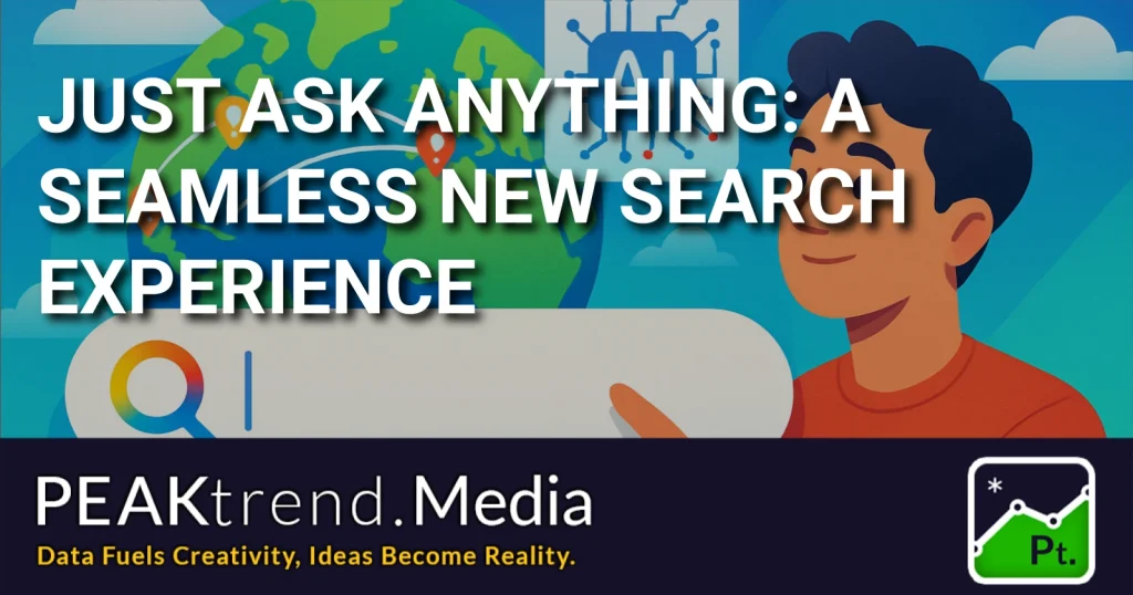 Illustration of a person engaging with an AI-powered search feature symbolized by a globe and search bar