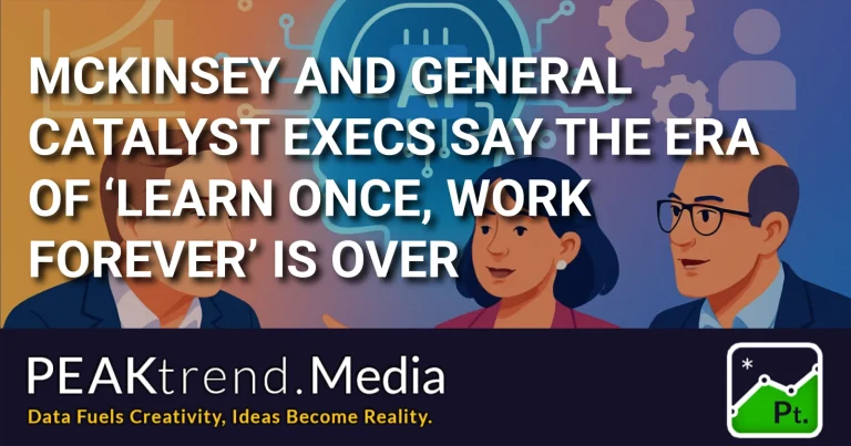 Illustration of three executives discussing AI reshaping work and learning eras
