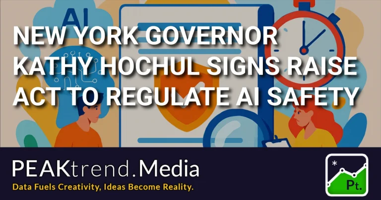 Illustration of two people with AI and safety icons, text about New York Governor Kathy Hochul signing AI safety law