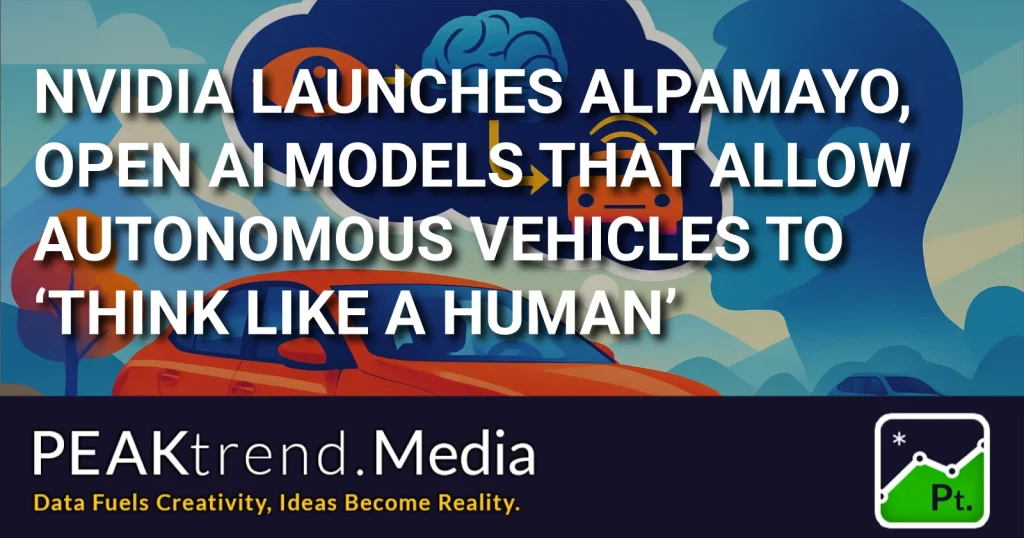 Illustration of autonomous vehicle with AI thought cloud, Nvidia Alpamayo launch headline