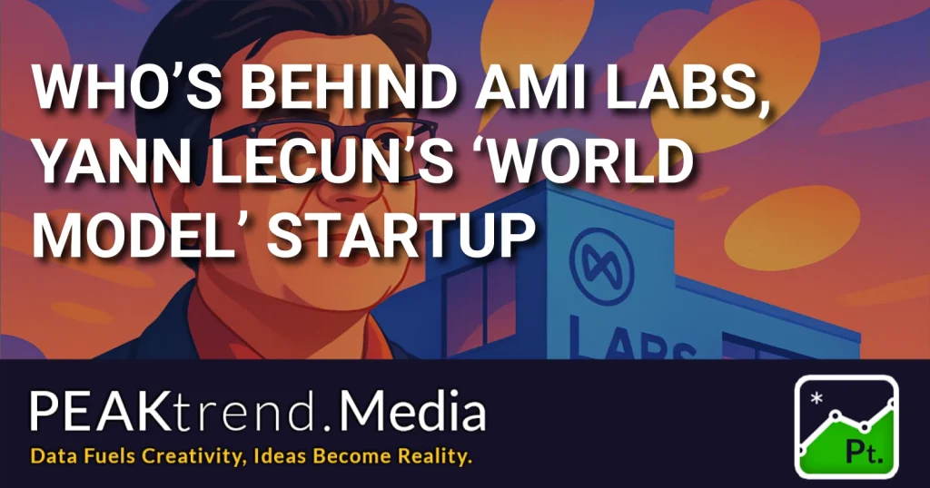 Illustration of Yann LeCun with AMI Labs building in background at sunset