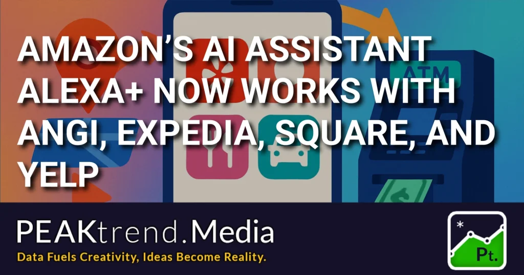 Illustration showing Amazon Alexa+ new integrations with Angi, Expedia, Square, and Yelp