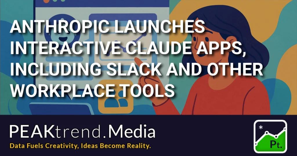 Illustration of a woman pointing to icons representing interactive AI apps and workplace tools