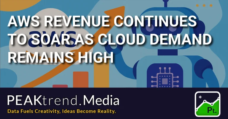 Illustration showing AWS revenue growth with a rising arrow and a robot symbolizing AI in cloud computing
