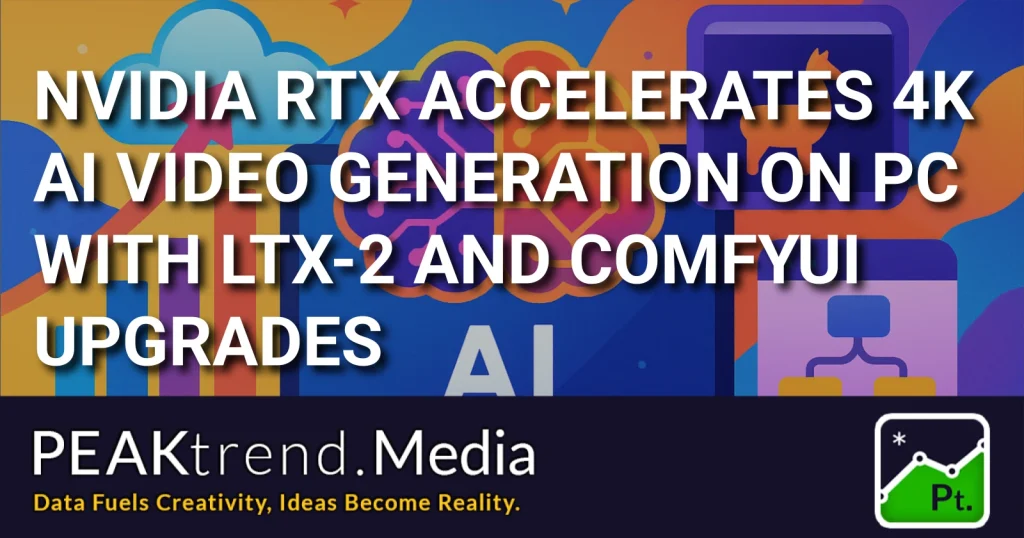 Colorful abstract image with AI and growth icons and NVIDIA RTX AI video generation text