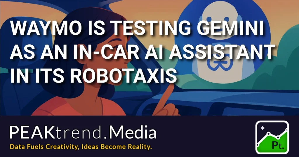 Illustration of a woman interacting with an AI assistant in a Waymo robotaxi vehicle