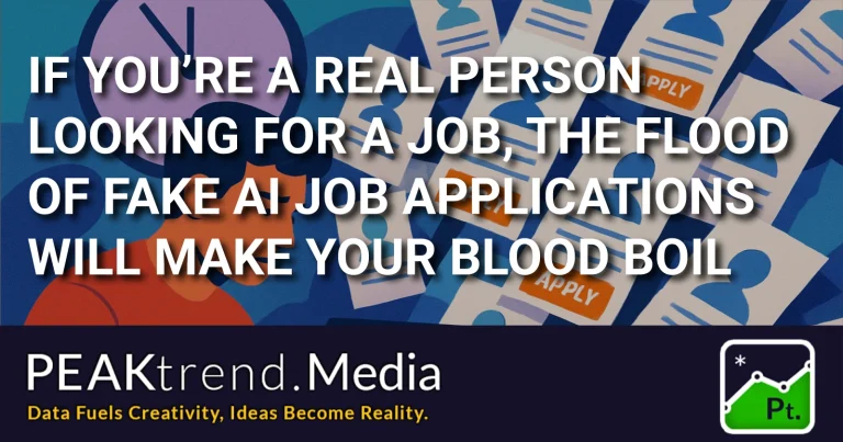 Illustration of job applications with text warning about fake AI job applications flooding the market