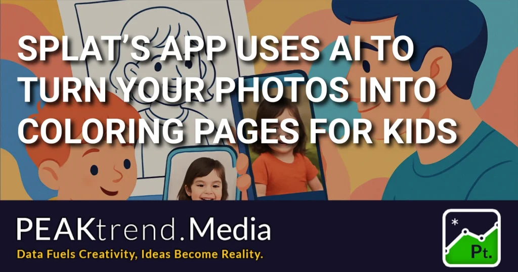 Illustration of AI turning child photos into coloring pages on smartphone screens