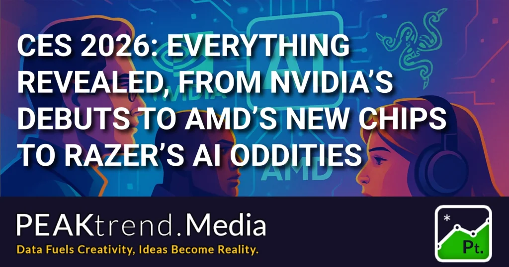 Illustration with profiles of people and tech logos Nvidia, AMD, and Razer at CES 2026