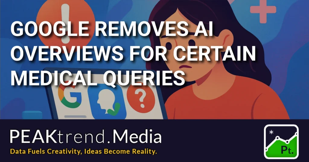 Illustration of concerned woman with Google AI icons and warning symbols for medical queries
