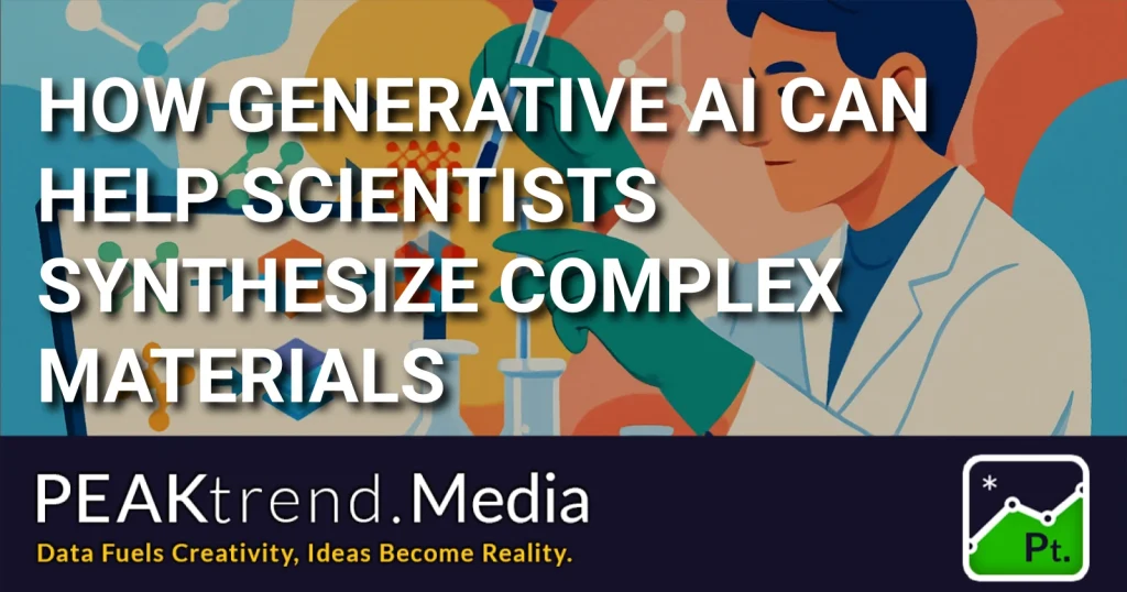 Illustration of scientist in lab coat using AI to synthesize materials