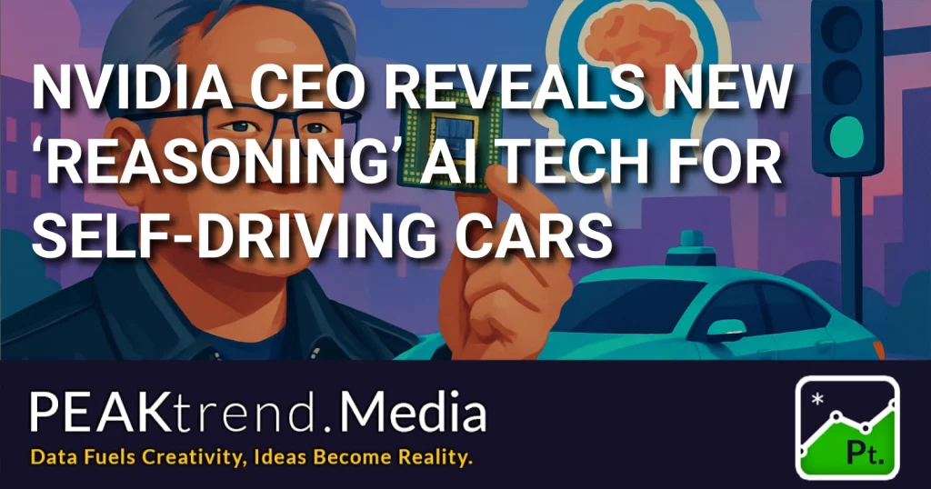 Illustration of Nvidia CEO holding AI chip with self-driving car and brain icon