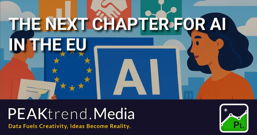 Illustration of two people with EU flag and AI sign, representing AI's development in Europe