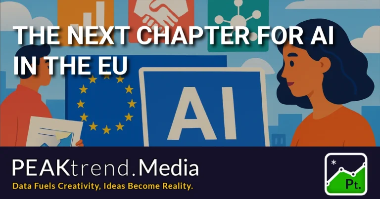 Illustration of two people with EU flag and AI sign, representing AI's development in Europe